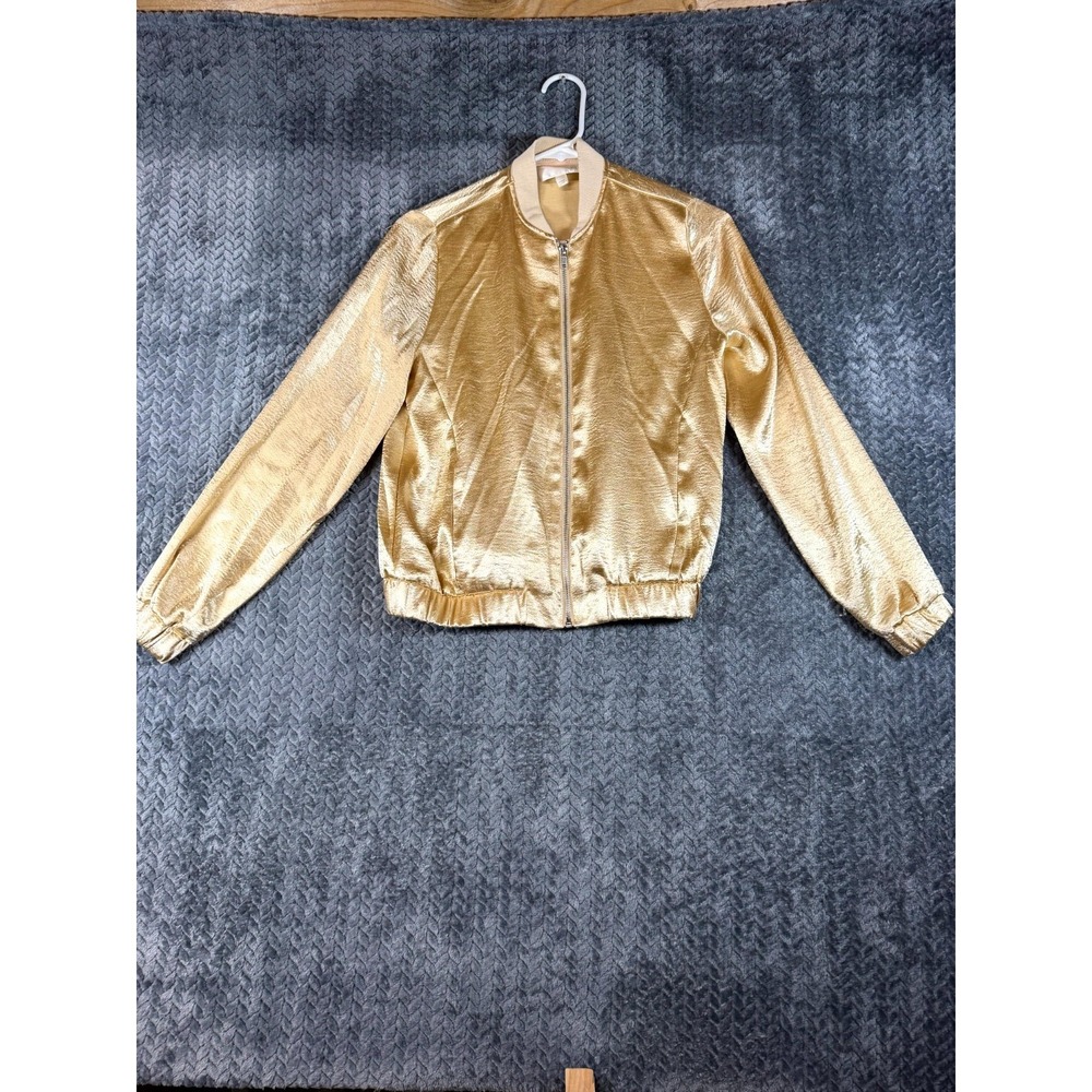J.O.A. Los Angeles Bomber Jacket Womens XS Shiny Gold Satin Lightweight Full Zip